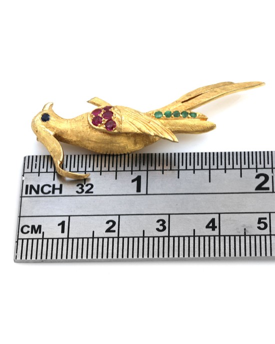 Ruby, Emerald, and Sapphire Cockatiel Pin in Yellow Gold